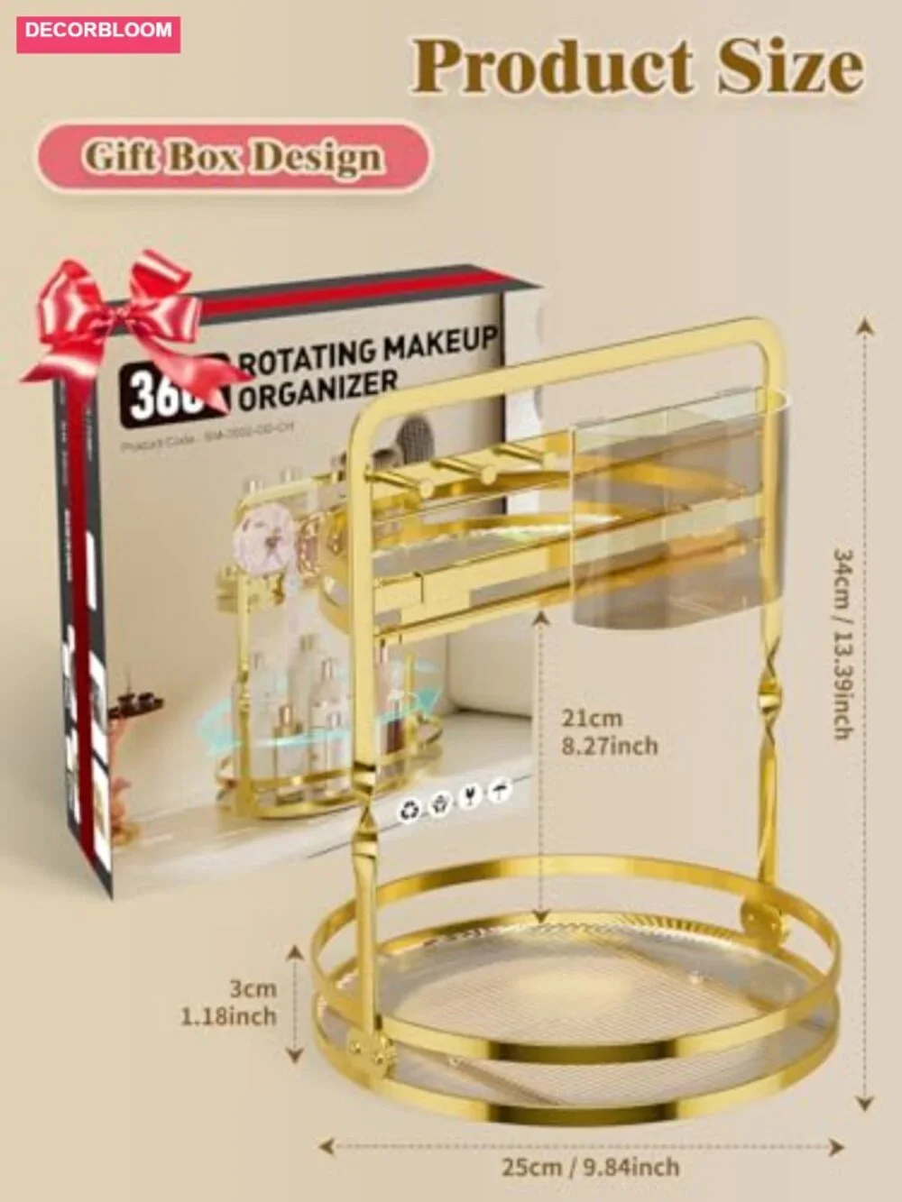 2-Tier Gold Rotating Makeup Organizer with Brush Holder & Jewelry Hooks